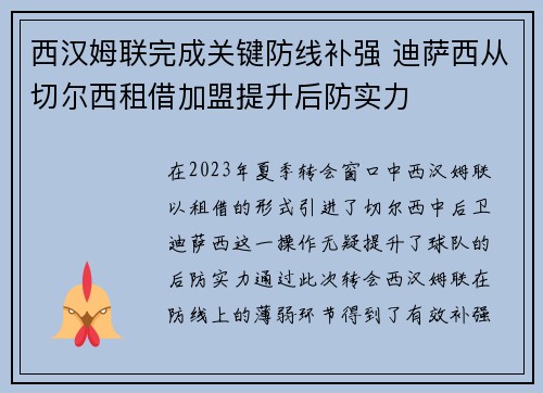 西汉姆联完成关键防线补强 迪萨西从切尔西租借加盟提升后防实力