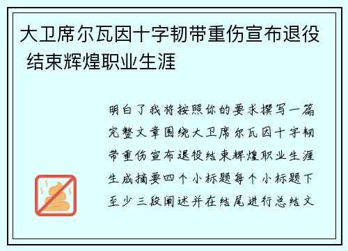 大卫席尔瓦因十字韧带重伤宣布退役 结束辉煌职业生涯